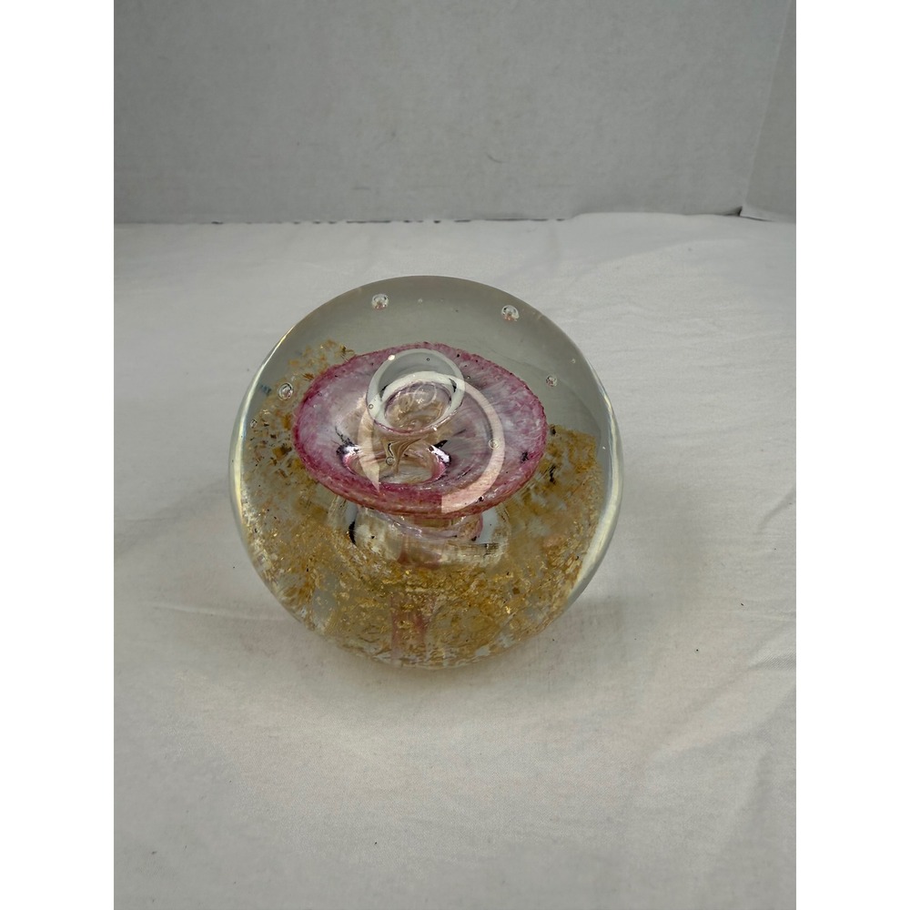 Vintage Murano Glass Paperweight Pink Swirl Gold Leaf Controlled Bubble